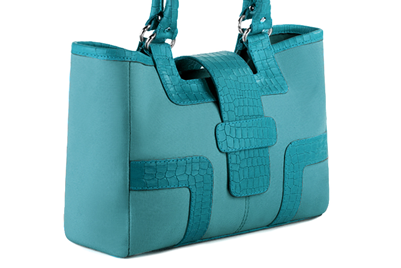 Aquamarine blue women's dress handbag, matching pumps and belts. Front view - Florence KOOIJMAN